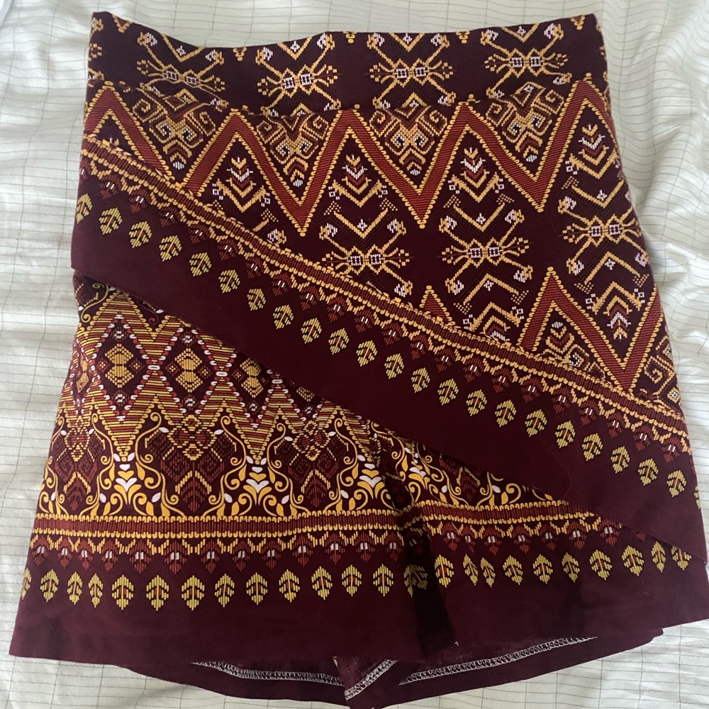 Womens Aztec Maroon Side Slit Tie Wrap Mini Skirt/skort